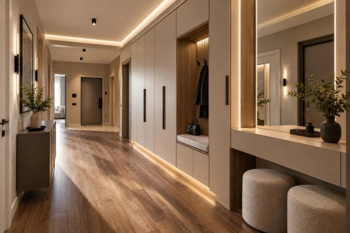 Modern üslubunda giriş holu (yeni tikili mənzil, səhər günəşi) — Standart təmir paketi, dizayn vizuallaşdırması
