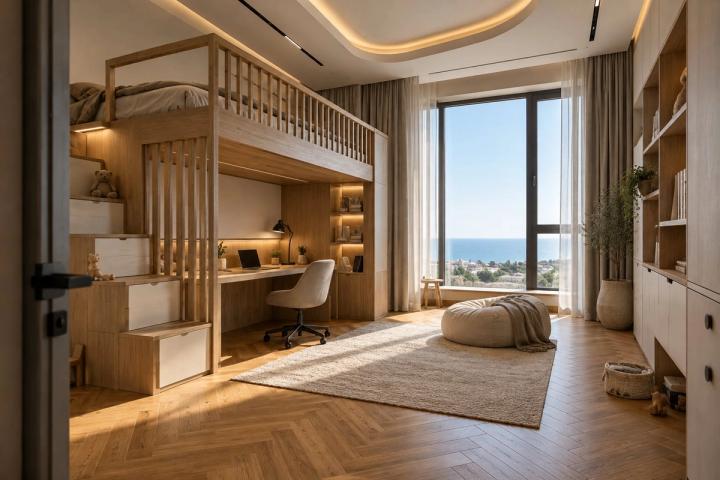 Japandi üslubunda uşaq otağı (villa, gündüz işığı) — Premium təmir paketi, dizayn vizuallaşdırması