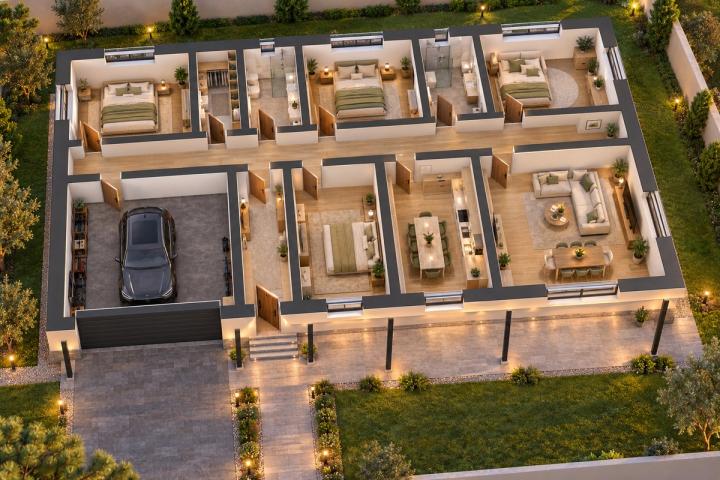 BM77-167 layihəsinin 3D kəsik planı — mebelli otaqlar, vizuallaşdırma