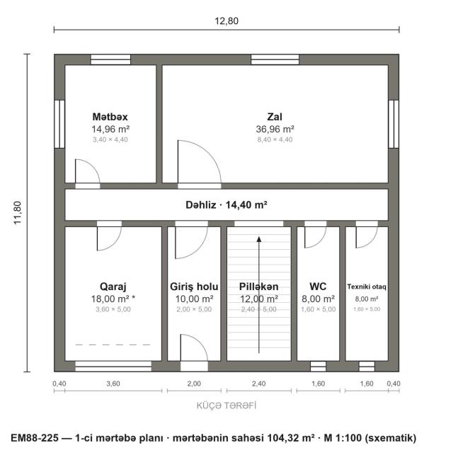 EM88-225 layihəsinin 1-ci mərtəbə planı — 104,32 m²