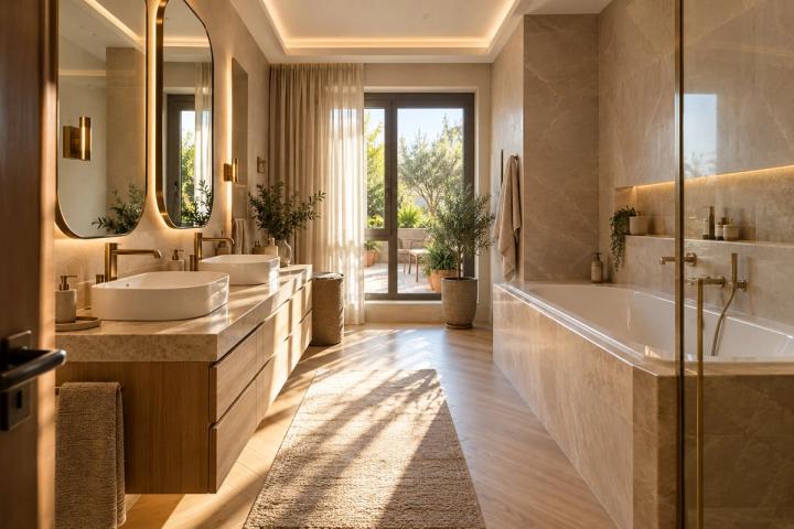 Modern üslubunda sanitar qovşaq (yaşayış kompleksində mənzil, səhər günəşi) — Standart təmir paketi, dizayn vizuallaşdırması