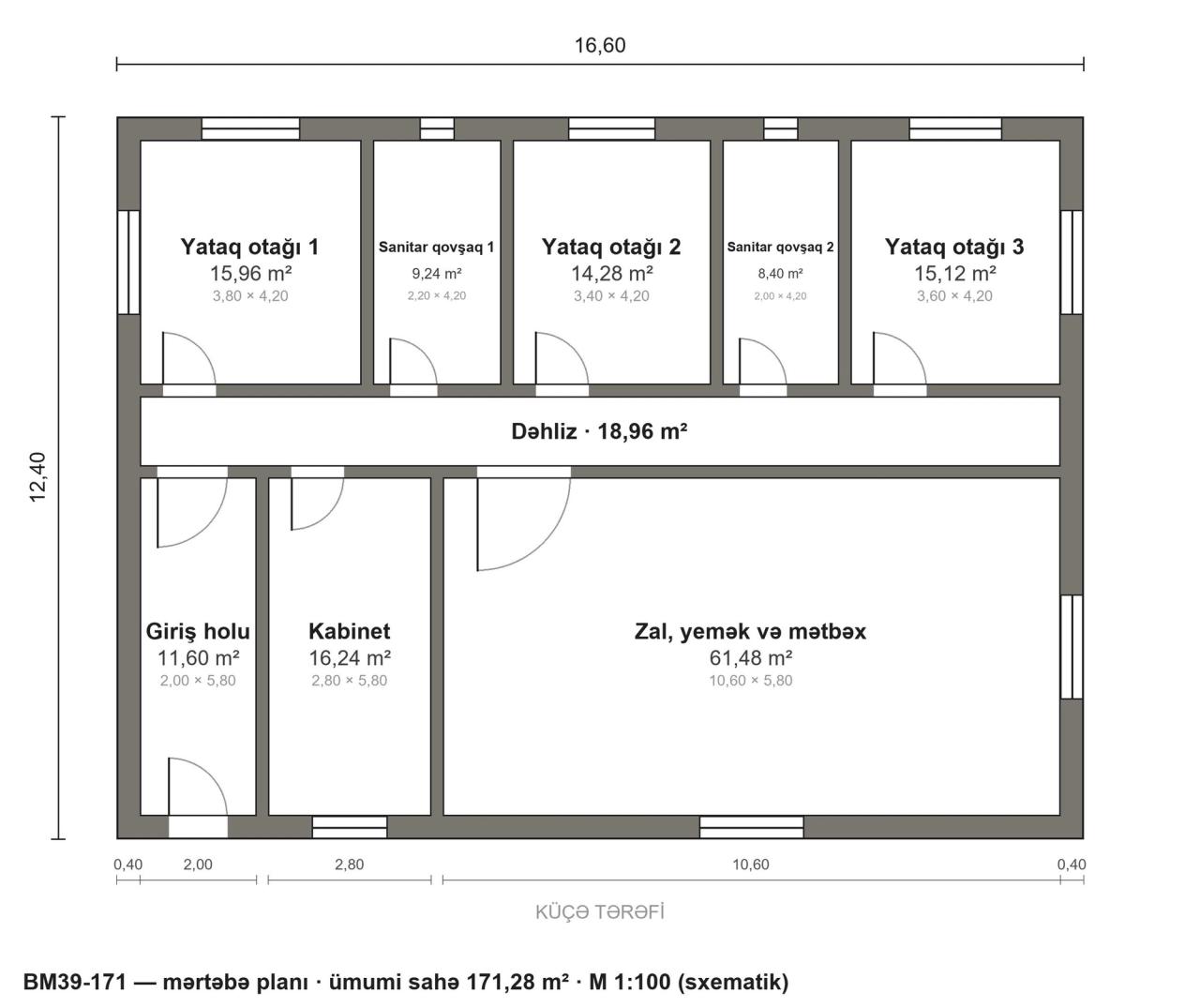 BM39-171 layihəsinin mərtəbə planı — 171 m², 3 yataq otağı