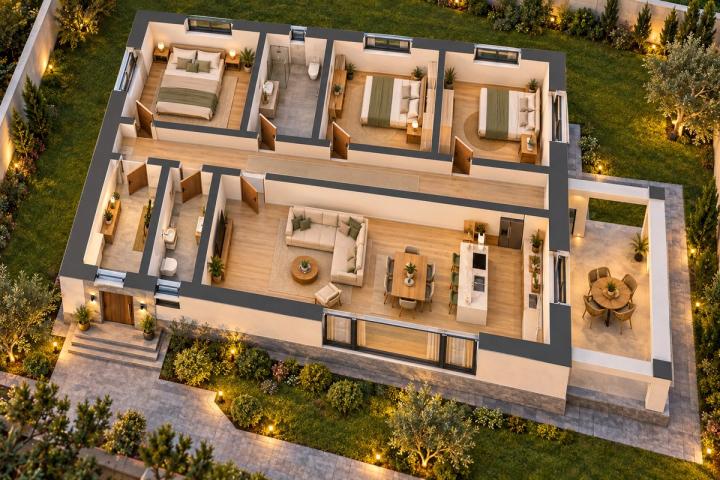 BM55-128 layihəsinin 3D kəsik planı — mebelli otaqlar, vizuallaşdırma