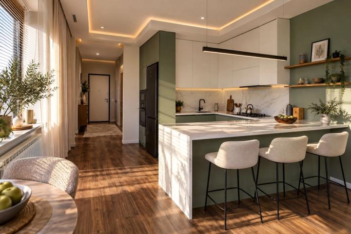 Modern üslubunda mətbəx (köhnə planlı mənzil, səhər günəşi) — Standart təmir paketi, dizayn vizuallaşdırması