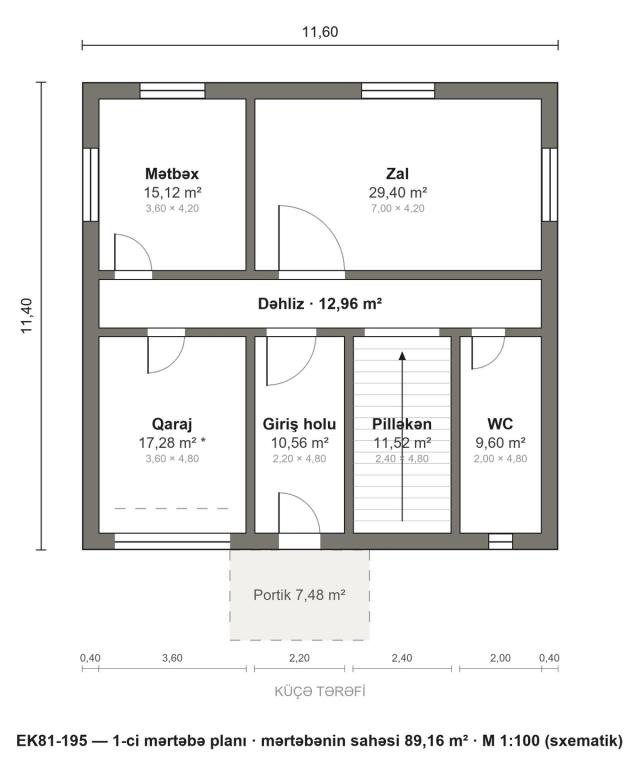 EK81-195 layihəsinin 1-ci mərtəbə planı — 89,16 m²