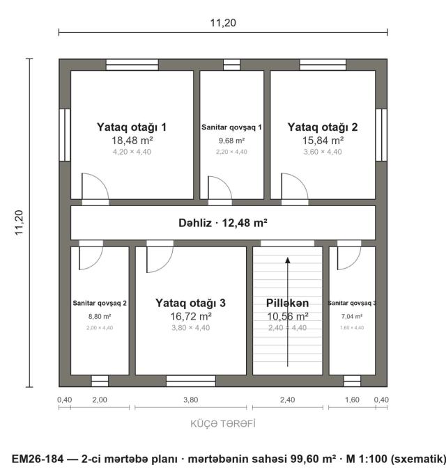 EM26-184 layihəsinin 2-ci mərtəbə planı — 3 yataq otağı