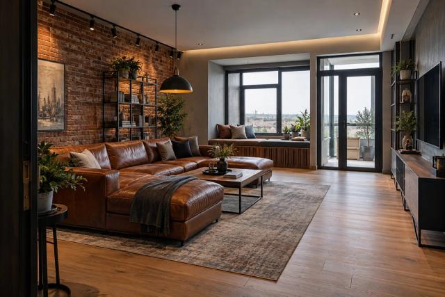 Loft üslubunda qonaq otağı (həyət evi, qış gündüzü) — Standart təmir paketi, dizayn vizuallaşdırması