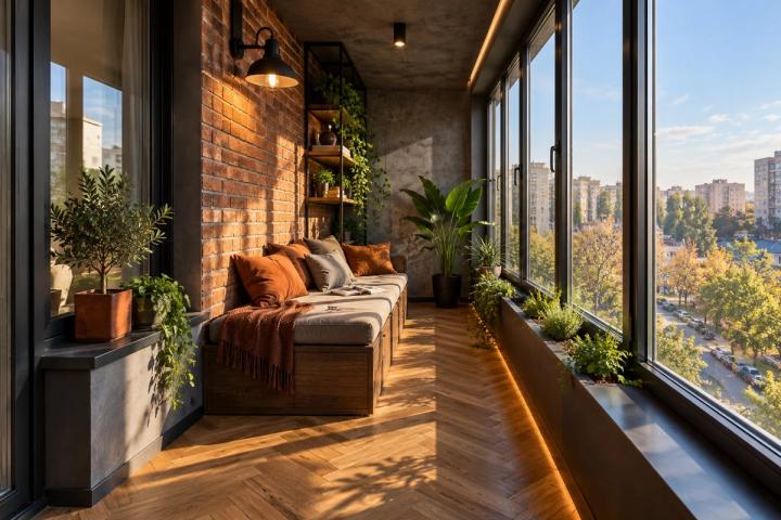 Loft üslubunda eyvan (köhnə planlı mənzil, səhər günəşi) — Standart təmir paketi, dizayn vizuallaşdırması