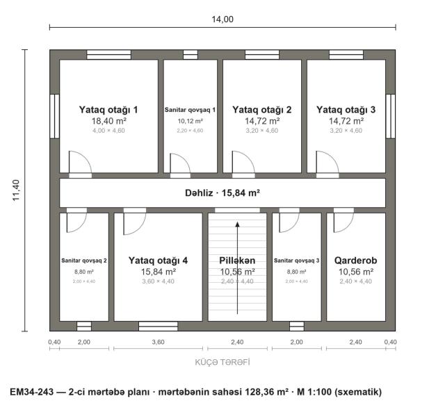 EM34-243 layihəsinin 2-ci mərtəbə planı — 4 yataq otağı