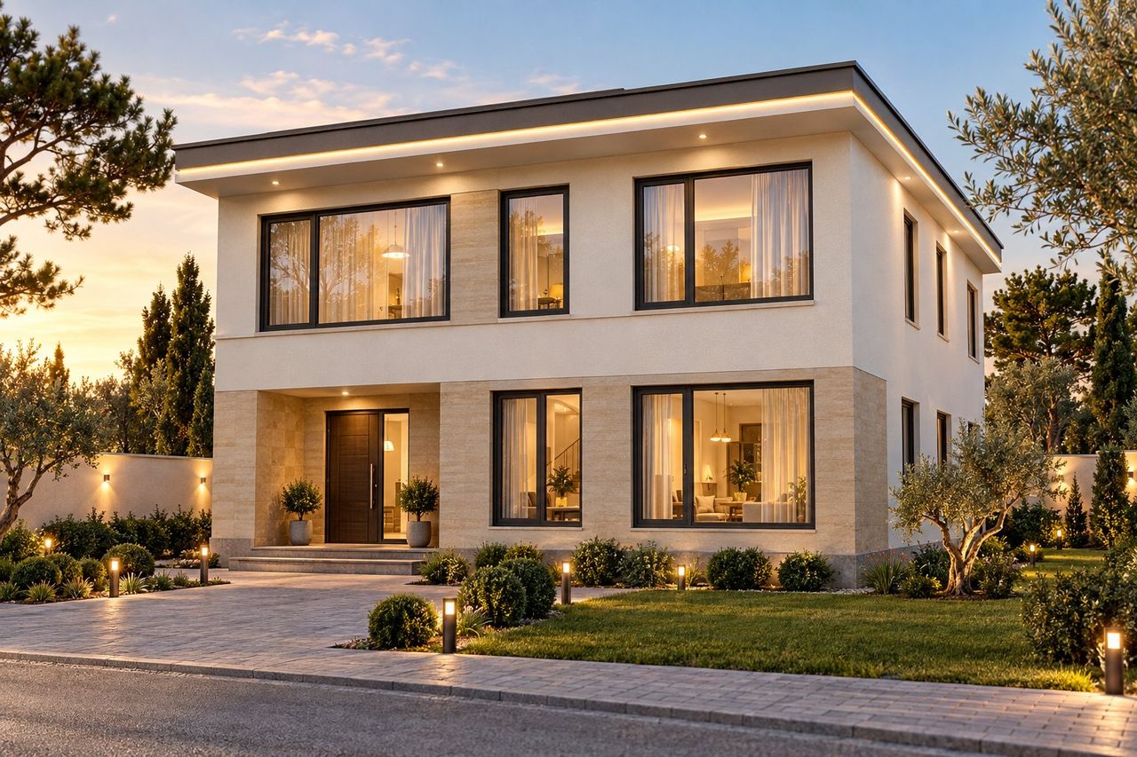 EM42-291 layihəsinin fasad vizuallaşdırması — ikimərtəbəli ev, düz dam