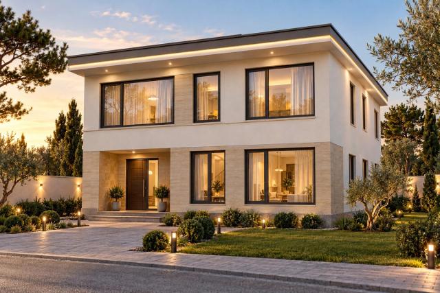 EM42-291 layihəsinin fasad vizuallaşdırması — ikimərtəbəli ev, düz dam