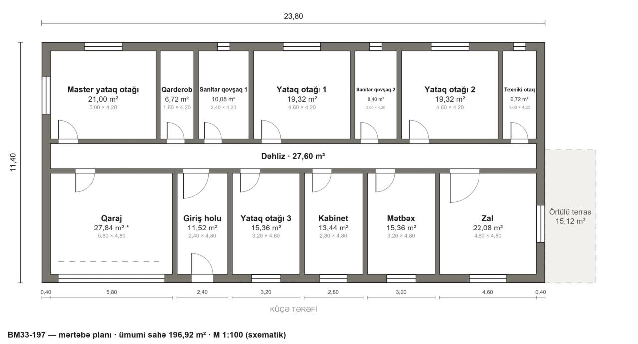BM33-197 layihəsinin mərtəbə planı — 197 m², 4 yataq otağı
