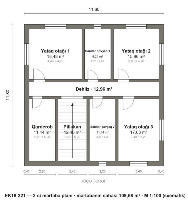 EK18-221 layihəsinin 2-ci mərtəbə planı — 3 yataq otağı