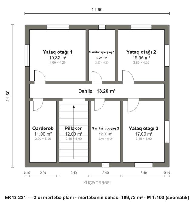 EK43-221 layihəsinin 2-ci mərtəbə planı — 3 yataq otağı