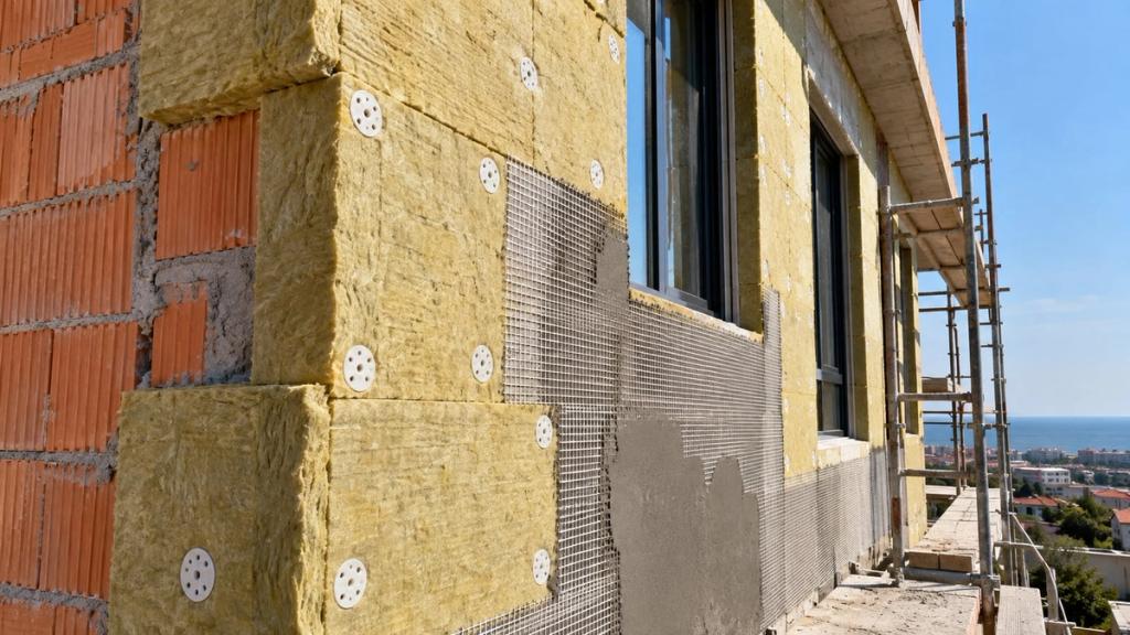 Daş divara dübellərlə bərkidilmiş daş yunu izolyasiya lövhələri və tor