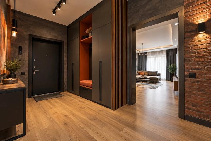 Loft üslubunda giriş holu (yaşayış kompleksində mənzil, gündüz işığı) — Standart təmir paketi, dizayn vizuallaşdırması