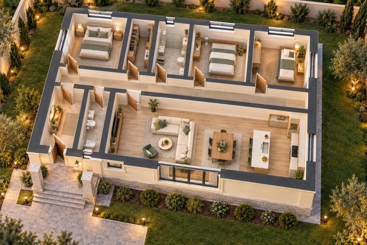 BK40-146 layihəsinin 3D kəsik planı — mebelli otaqlar, vizuallaşdırma