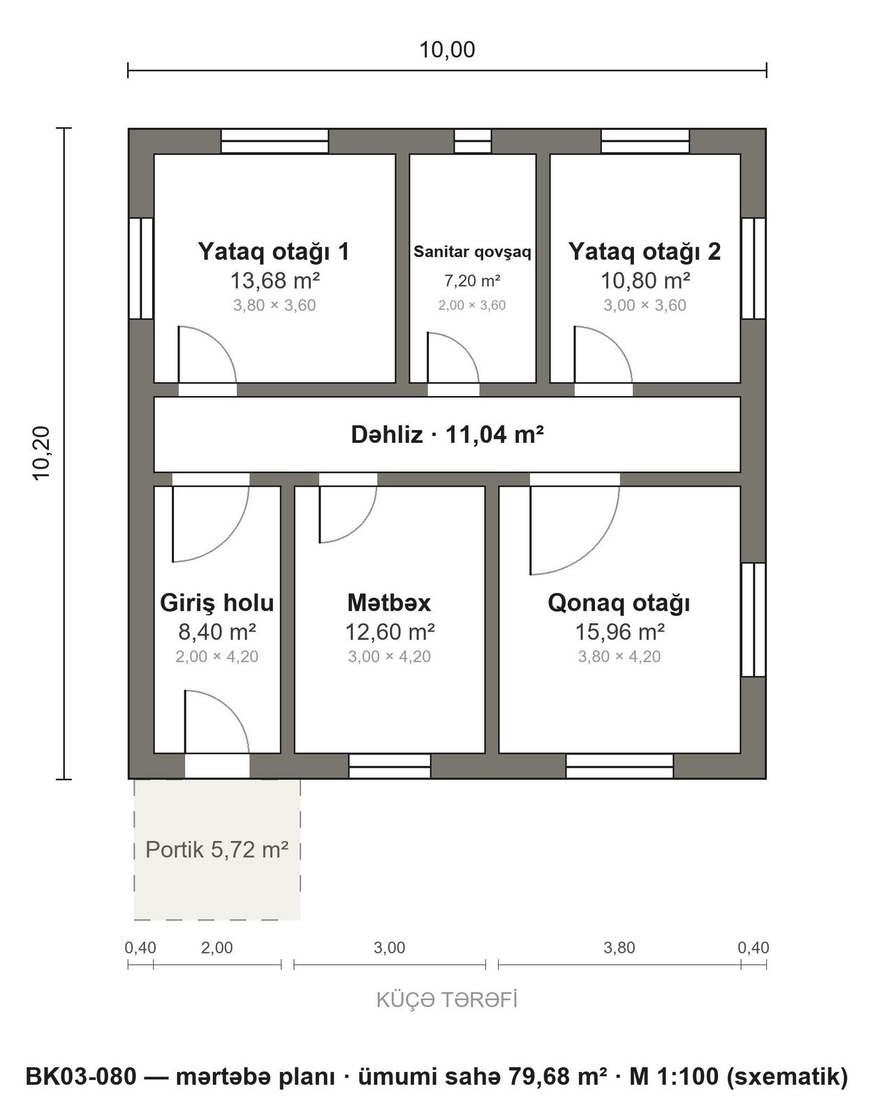 BK03-080 layihəsinin mərtəbə planı — 80 m², 2 yataq otağı