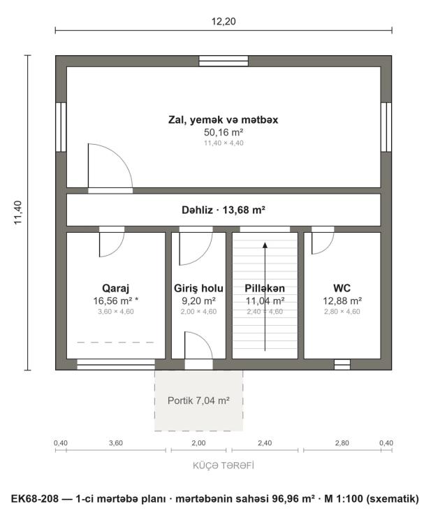 EK68-208 layihəsinin 1-ci mərtəbə planı — 96,96 m²