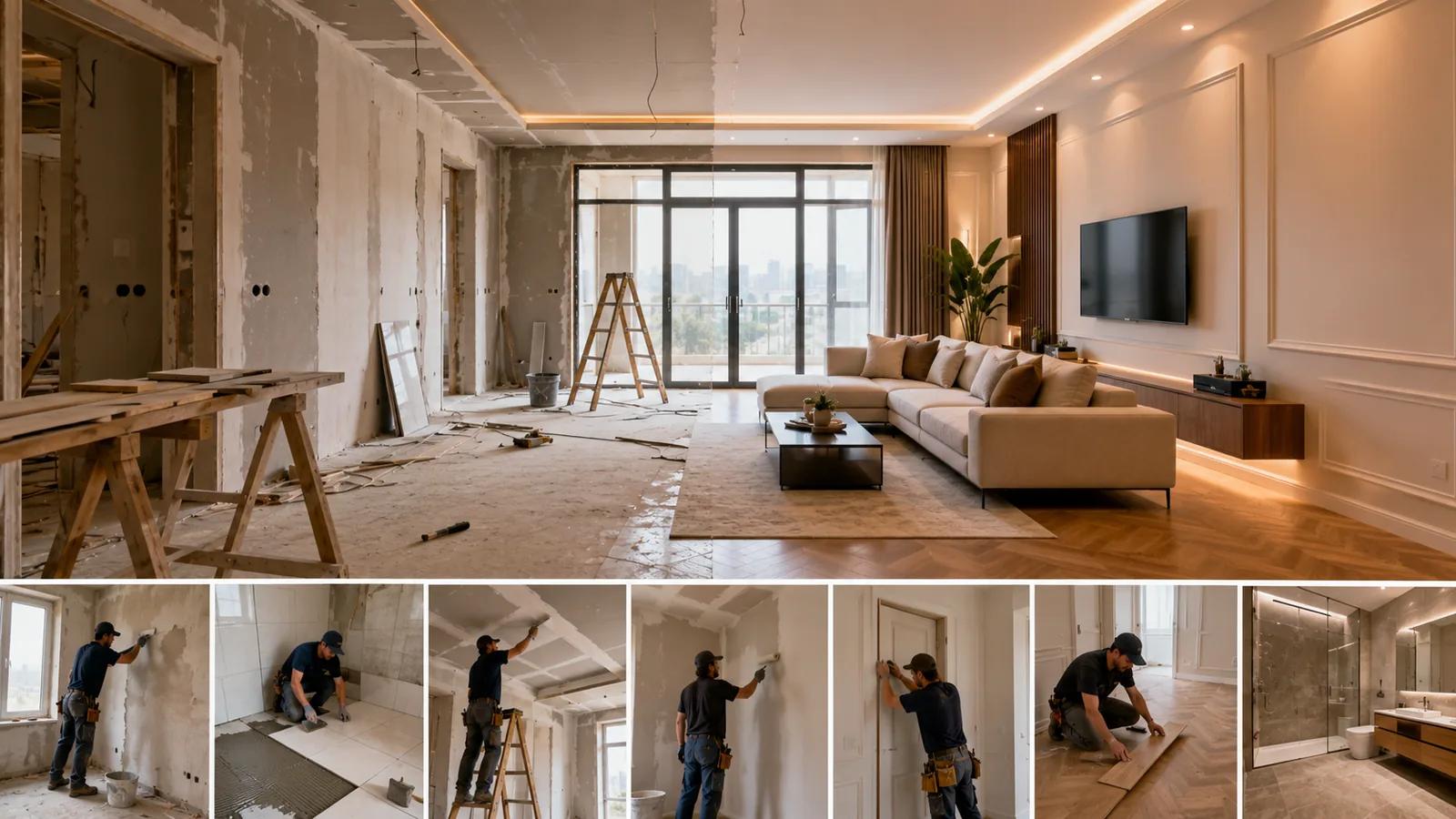 Two states of the same room side by side: stripped, unplastered walls and a finished living room; below, the renovation work — plastering, tiling, ceiling, painting, door fitting and parquet