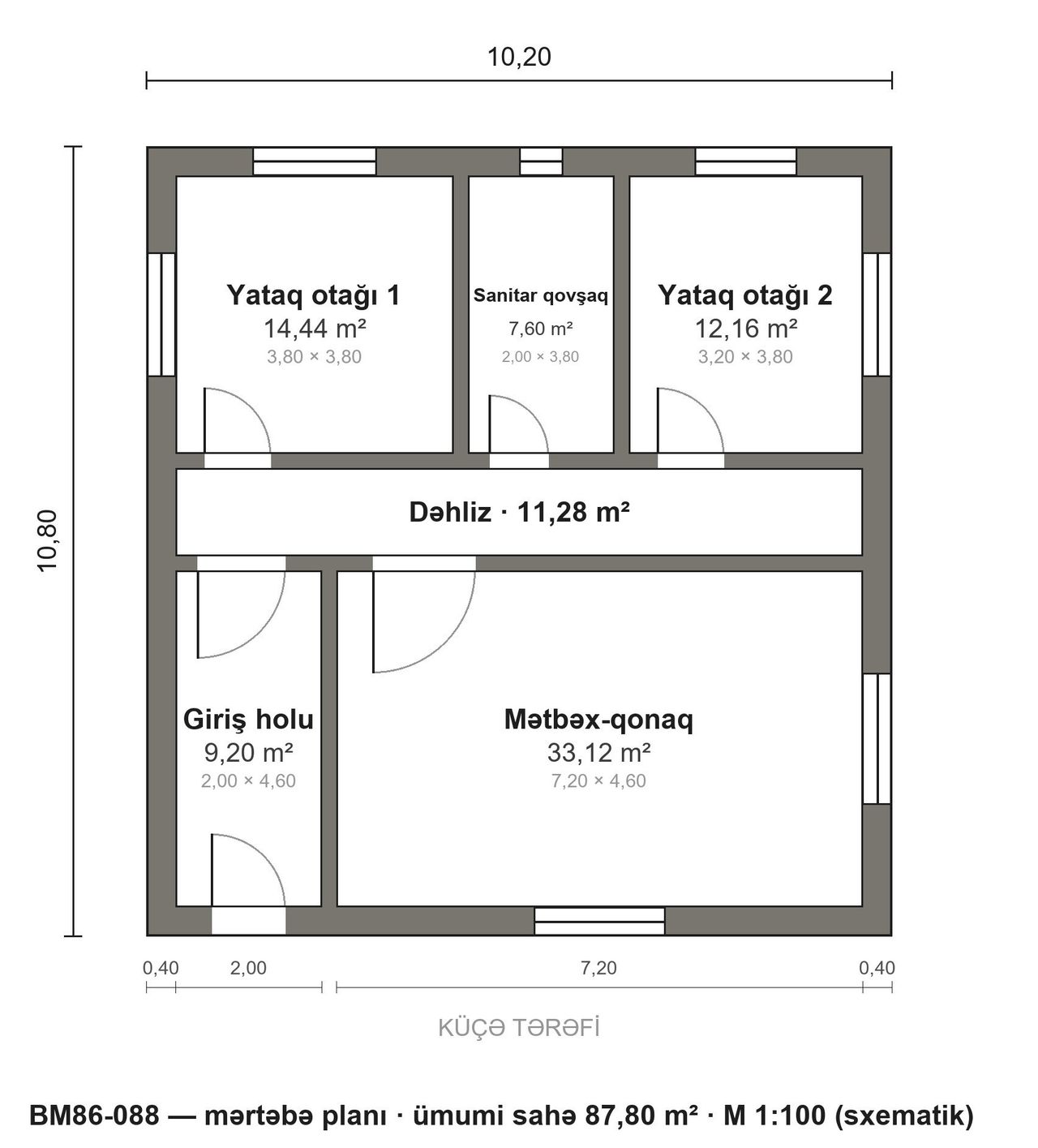 BM86-088 layihəsinin mərtəbə planı — 88 m², 2 yataq otağı