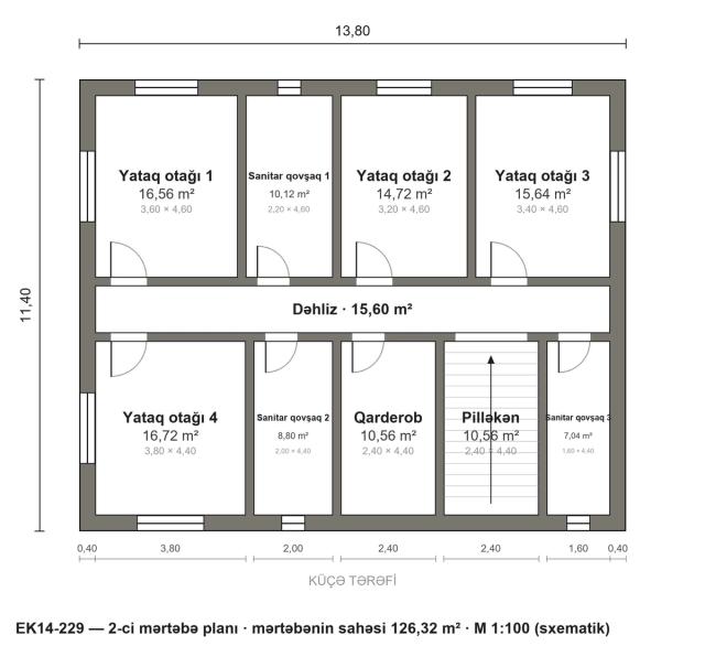 EK14-229 layihəsinin 2-ci mərtəbə planı — 4 yataq otağı