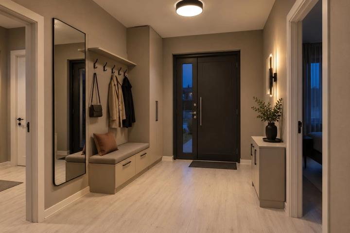 Modern üslubunda giriş holu (həyət evi, axşam, lampalar yanır) — Ekonom təmir paketi, dizayn vizuallaşdırması