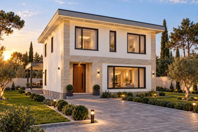 EM85-229 layihəsinin fasad vizuallaşdırması — ikimərtəbəli ev, düz dam