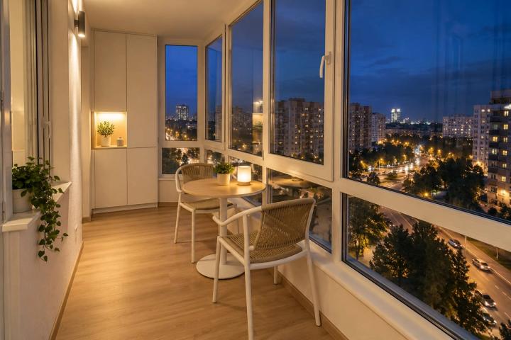 Minimalist üslubunda eyvan (yeni tikili mənzil, axşam, lampalar yanır) — Ekonom təmir paketi, dizayn vizuallaşdırması