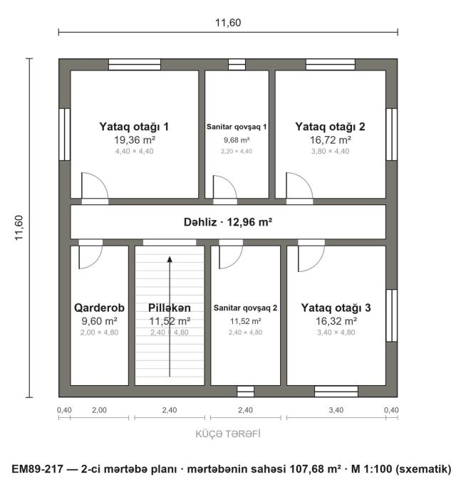 EM89-217 layihəsinin 2-ci mərtəbə planı — 3 yataq otağı