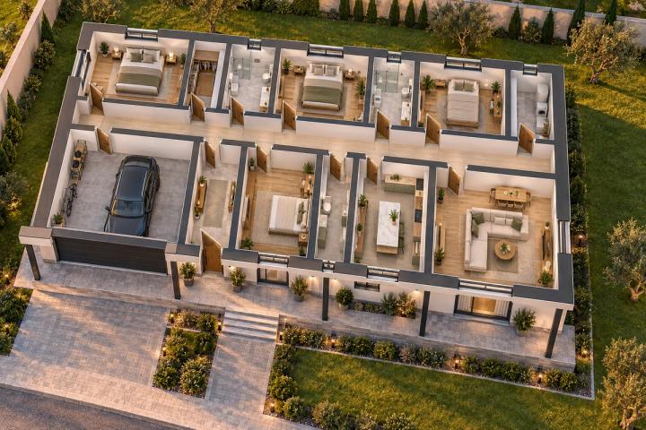 BM71-188 layihəsinin 3D kəsik planı — mebelli otaqlar, vizuallaşdırma