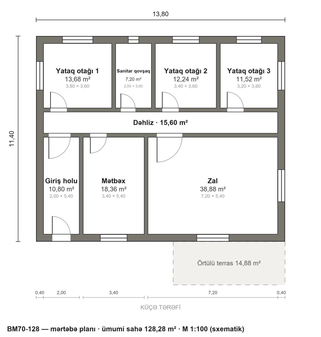 BM70-128 layihəsinin mərtəbə planı — 128 m², 3 yataq otağı
