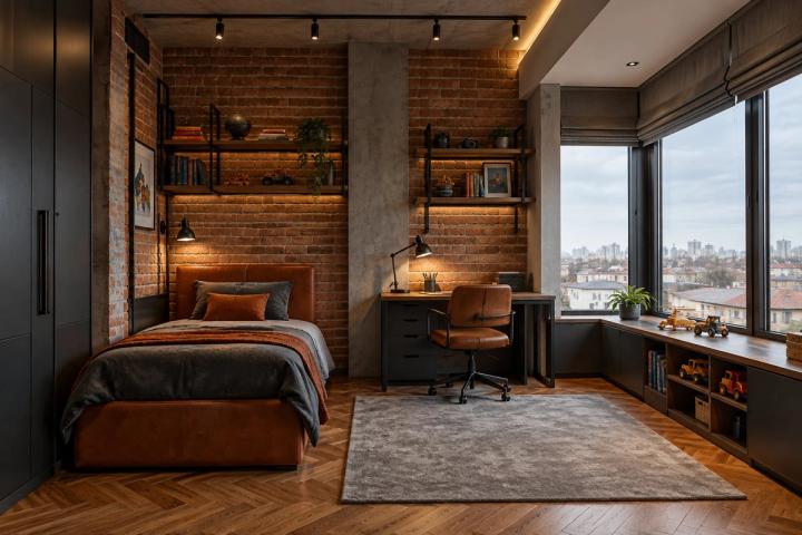 Loft üslubunda uşaq otağı (yeni tikili mənzil, qış gündüzü) — Premium təmir paketi, dizayn vizuallaşdırması