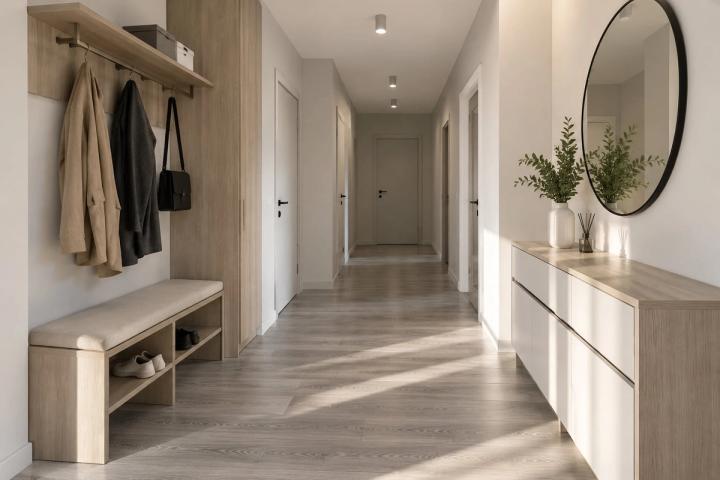 Minimalist üslubunda giriş holu (yaşayış kompleksində mənzil, səhər günəşi) — Ekonom təmir paketi, dizayn vizuallaşdırması