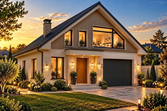 MM20-212 layihəsinin fasad vizuallaşdırması — mansardlı ev, iki yamaclı dam