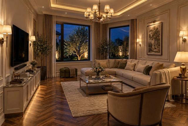 Neoklassik üslubunda qonaq otağı (villa, axşam, lampalar yanır) — Premium təmir paketi, dizayn vizuallaşdırması