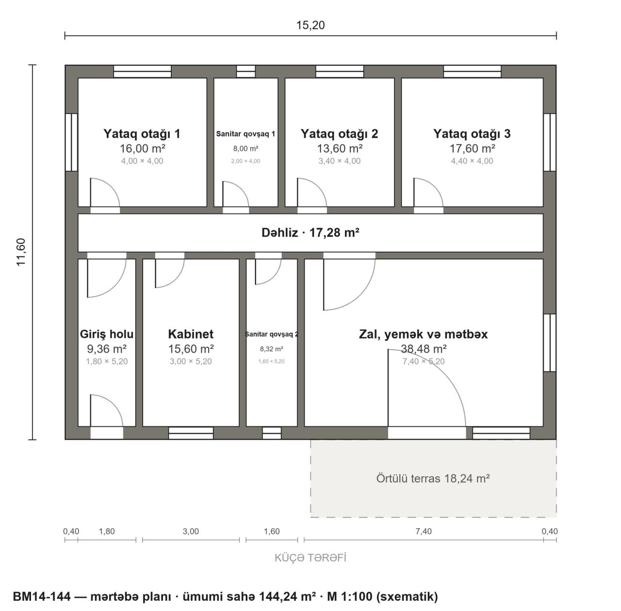 BM14-144 layihəsinin mərtəbə planı — 144 m², 3 yataq otağı