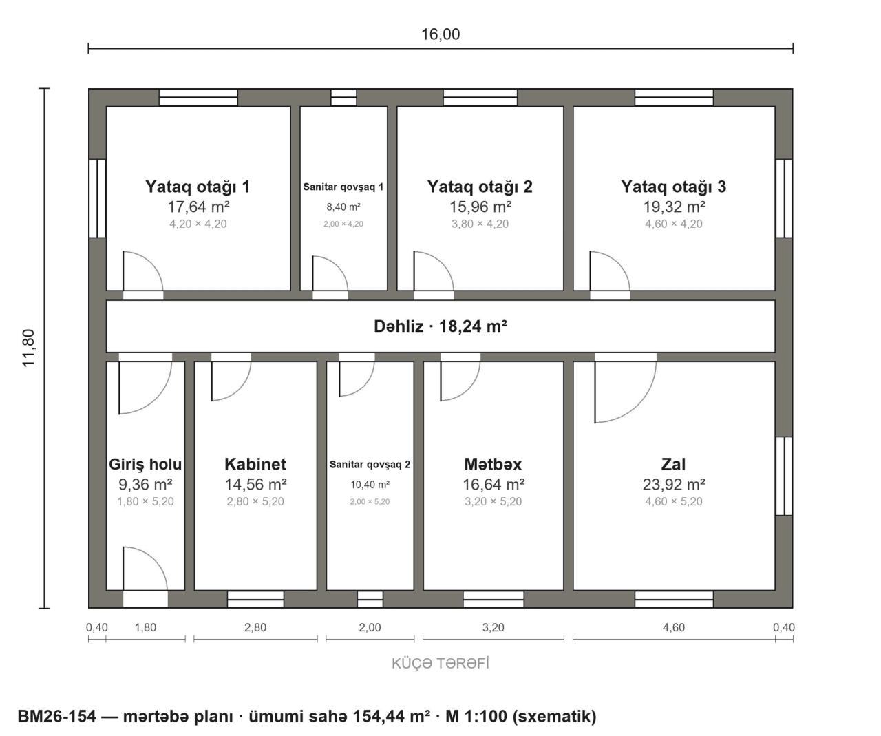 BM26-154 layihəsinin mərtəbə planı — 154 m², 3 yataq otağı