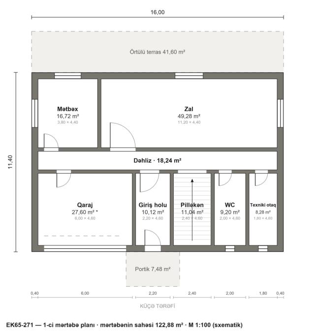 EK65-271 layihəsinin 1-ci mərtəbə planı — 122,88 m²