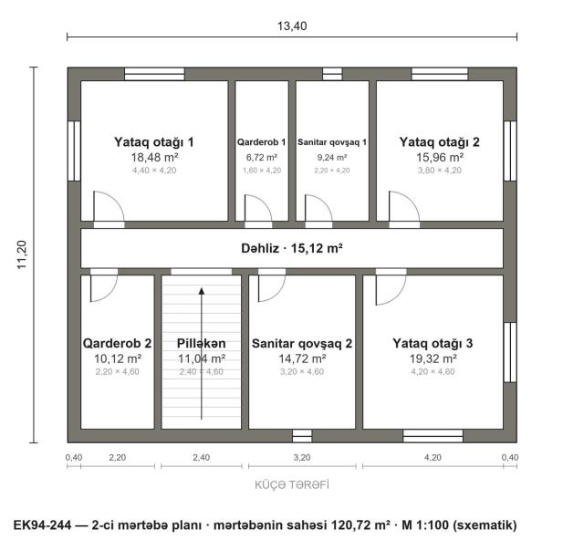 EK94-244 layihəsinin 2-ci mərtəbə planı — 3 yataq otağı