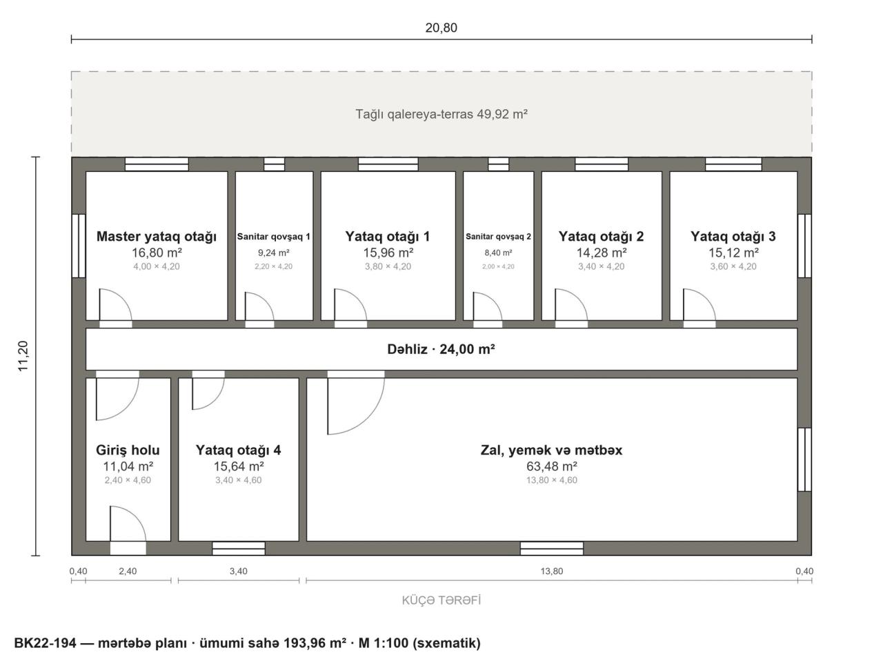 BK22-194 layihəsinin mərtəbə planı — 194 m², 5 yataq otağı