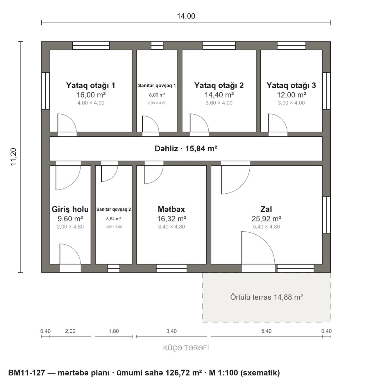 BM11-127 layihəsinin mərtəbə planı — 127 m², 3 yataq otağı