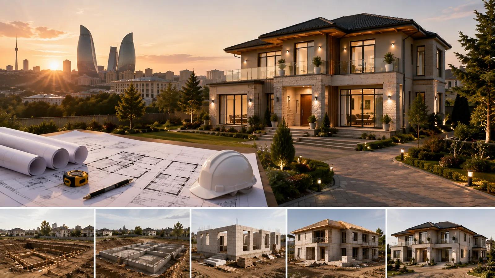 A completed two-storey private house against the skyline of Baku, with project drawings, a tape measure and a hard hat in front of it; below, the five stages of construction — excavation, foundation, block walls, roof structure and the finished house