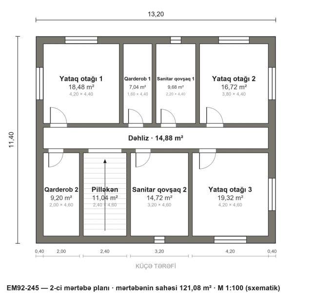 EM92-245 layihəsinin 2-ci mərtəbə planı — 3 yataq otağı