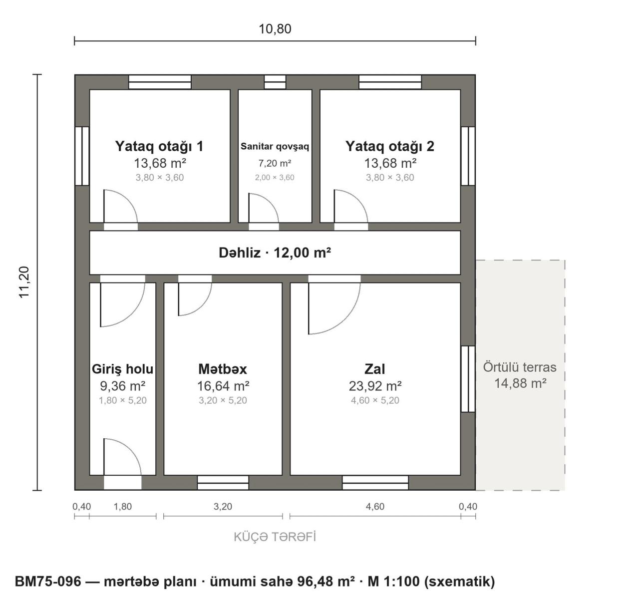 BM75-096 layihəsinin mərtəbə planı — 96 m², 2 yataq otağı