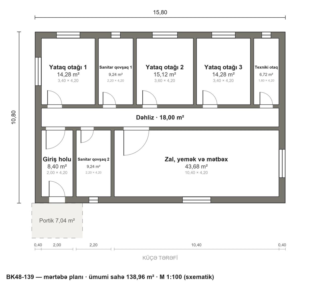 BK48-139 layihəsinin mərtəbə planı — 139 m², 3 yataq otağı