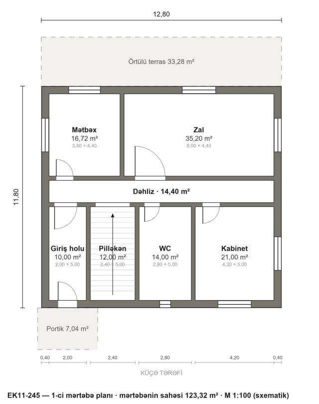 EK11-245 layihəsinin 1-ci mərtəbə planı — 123,32 m²