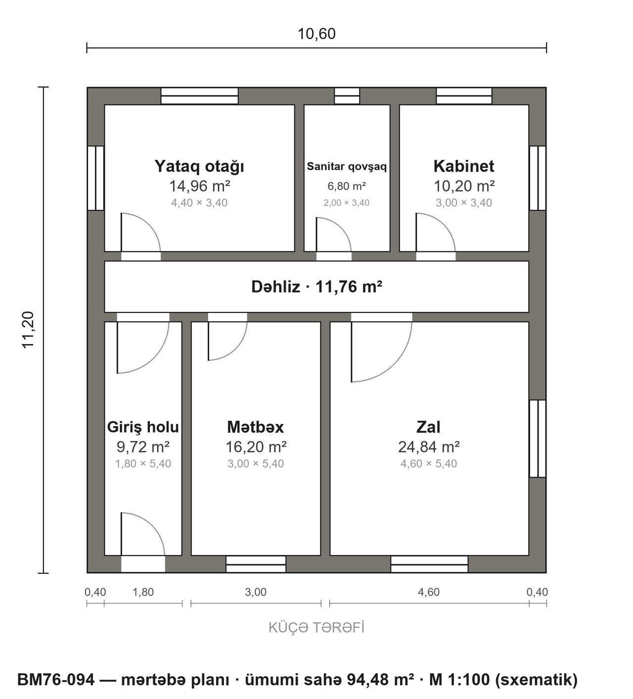 BM76-094 layihəsinin mərtəbə planı — 94 m², 1 yataq otağı