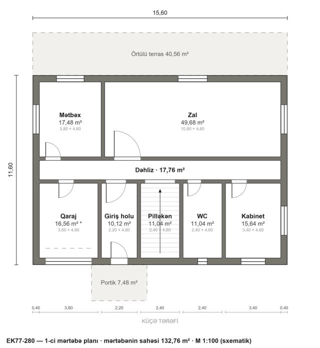 EK77-280 layihəsinin 1-ci mərtəbə planı — 132,76 m²