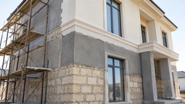 Ev fasadı qatlarla: daş, suvaq və hazır boyalı səth